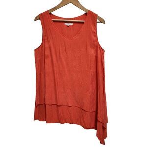 John Mark Top Womens L Orange Crinkle Layered Asymmetrical Scoop Sleeveless Soft